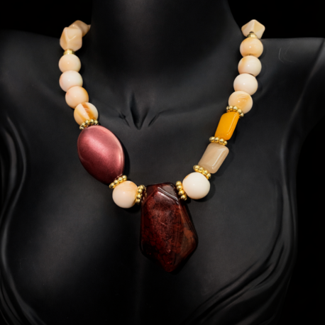 Bordo & Krem Büyük Taşlı Kolye