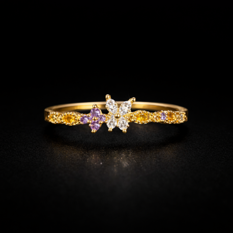 Renkli Taşlı Kelebek Detaylı Gold Yüzük