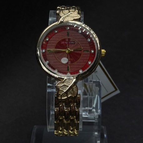 Zarif Taşlı Kırmızı Kadran Altın Renk Kadın Saat