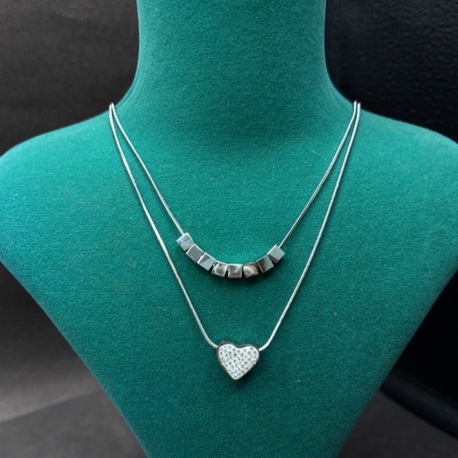 Silver Minimal Çift Zincir Kalp Kolye